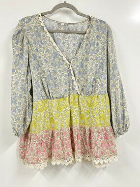 Boho Floral Peplum Blouse Size 18/20 Cottagecore Prairie Top Lace Trim Peasant